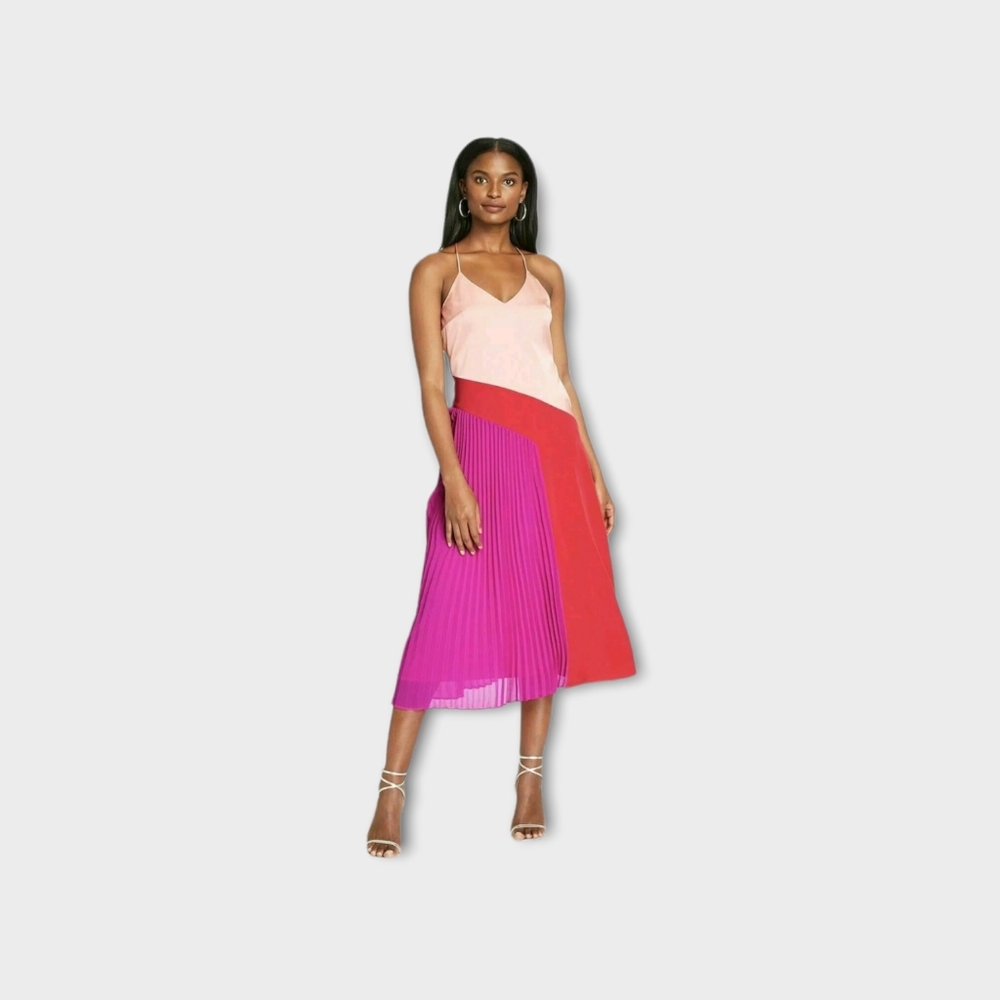 ●CUSHNIE COLOR BLOCK PLEATED PINK RED ROSE MIDI DRESS SIZE 4